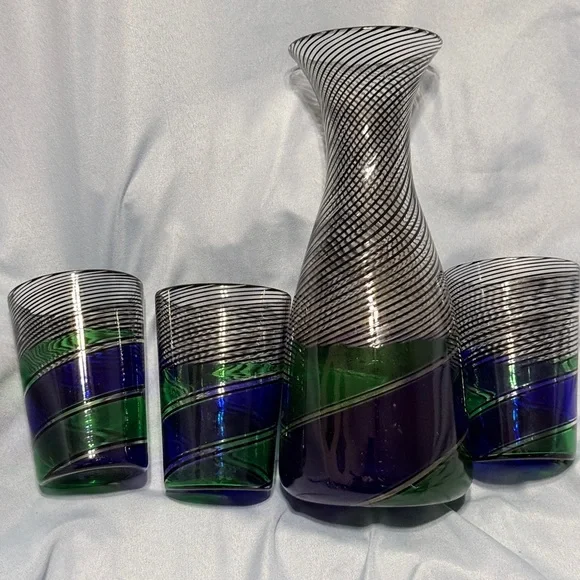 Vintage Art Glass Decanter Set Blue Green Black Spiral Hand Blown MCM Barware - Picture 2 of 4